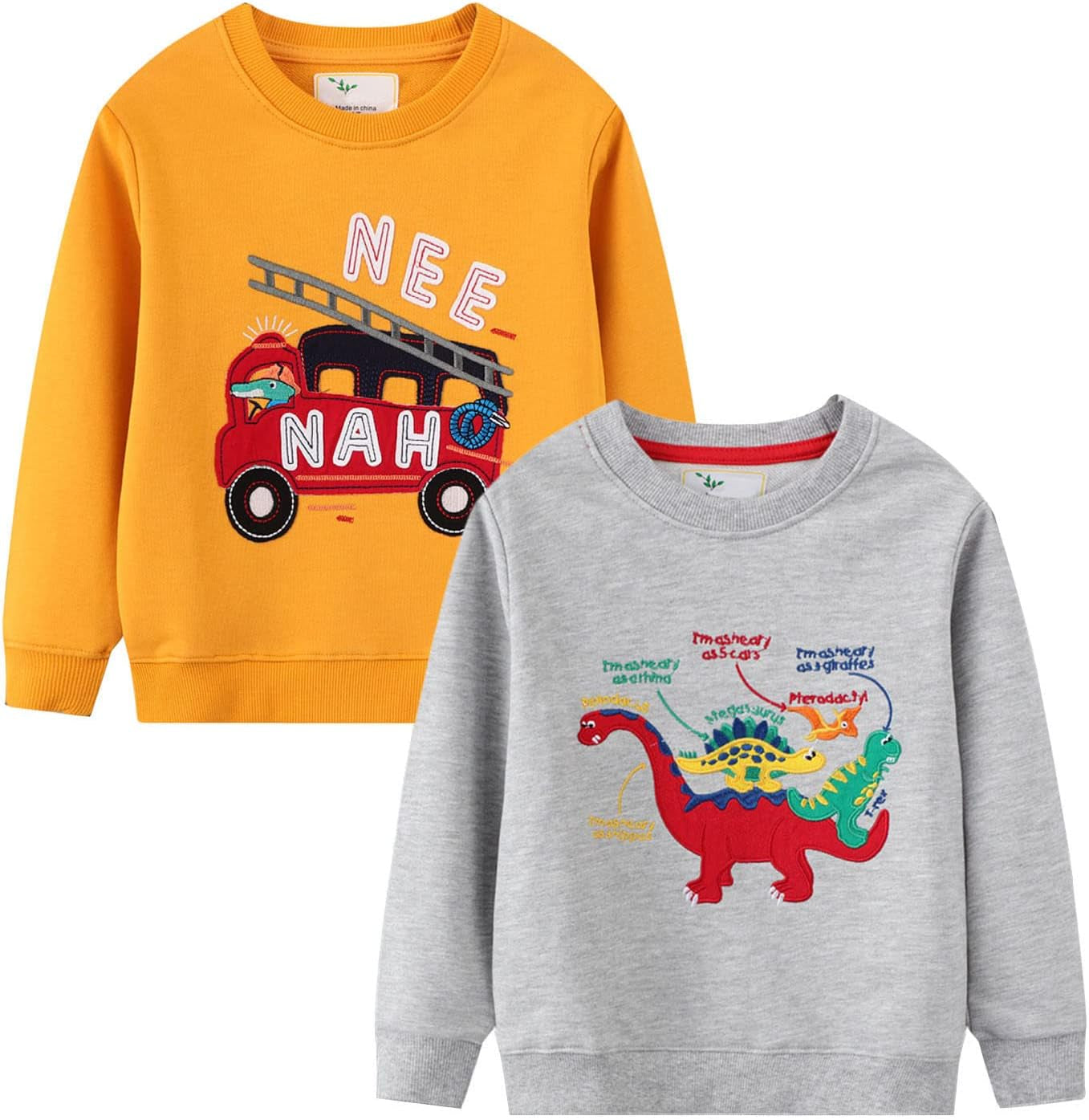 Toddler Boys Graphic Crewneck Sweatshirts 2-Pack, Sizes 2T-7 | Cotton Blend French Terry, Dinosaur, Construction and Shark Graphics, Ribbed Trim, Preschool Daycare Outdoor