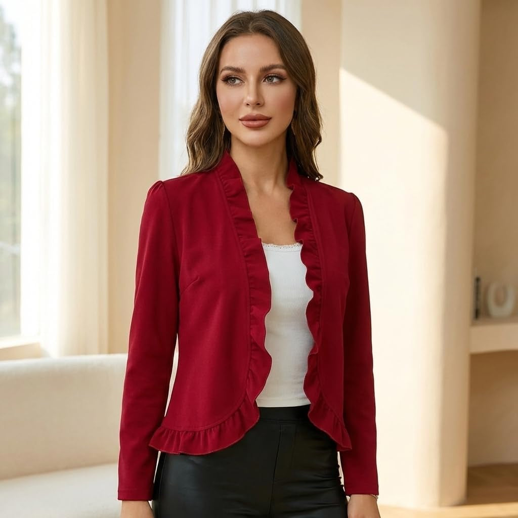 Women'S Ruffled Denim Jackets Long Sleeve Open Front Jean Cropped Top Coat 2026 Trendy Jean Jackets